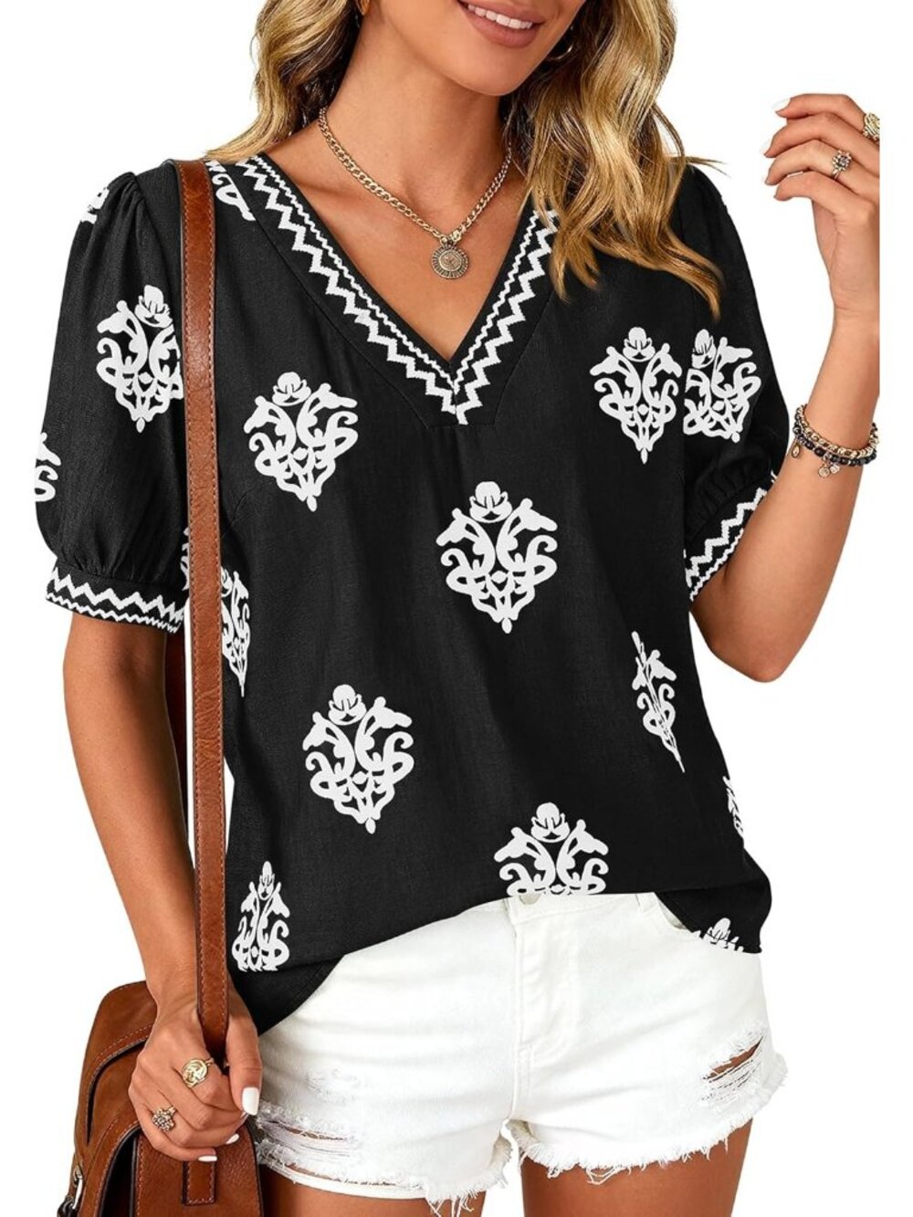 Women's  Black White Flower Short Sleeves V Neck Boho Blouses Beach T Shirts